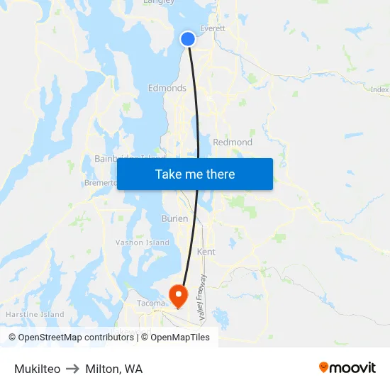 Mukilteo to Milton, WA map