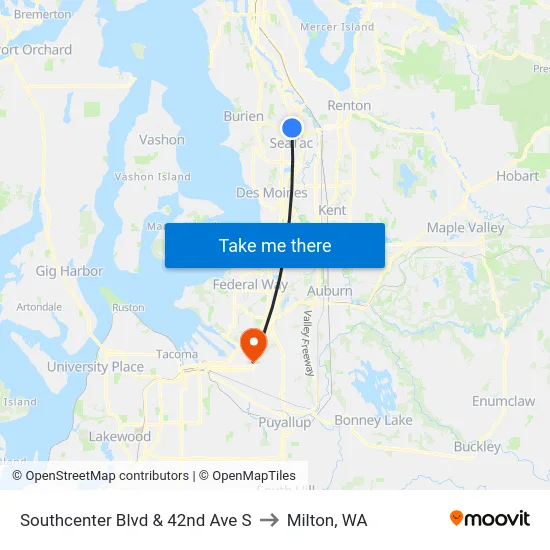 Southcenter Blvd & 42nd Ave S to Milton, WA map