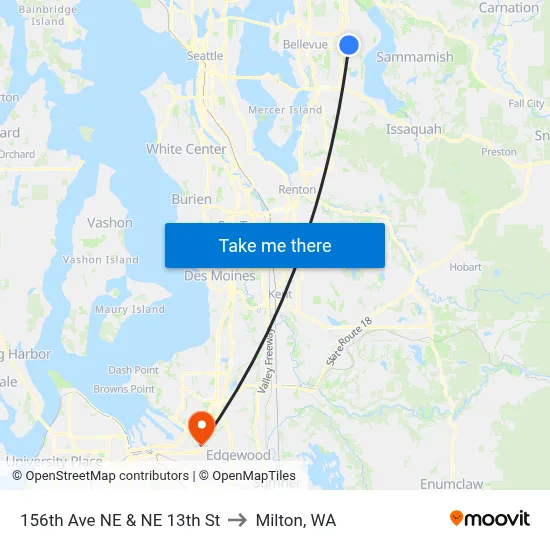 156th Ave NE & NE 13th St to Milton, WA map