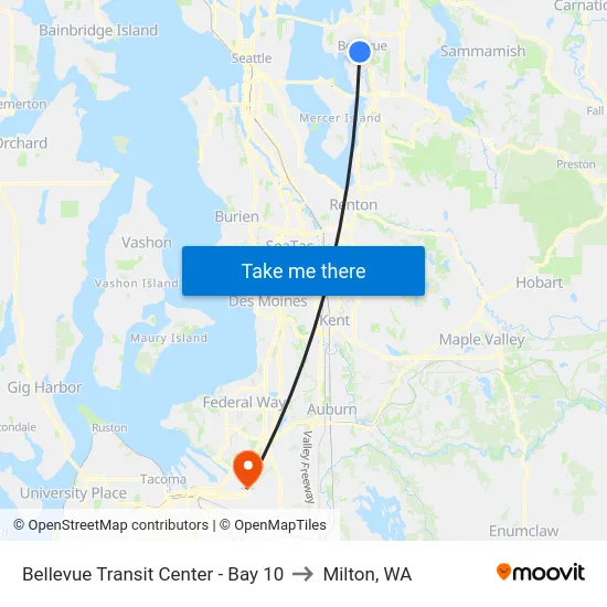 Bellevue Transit Center - Bay 10 to Milton, WA map