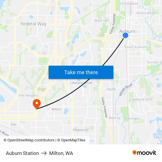 Auburn Station to Milton, WA map