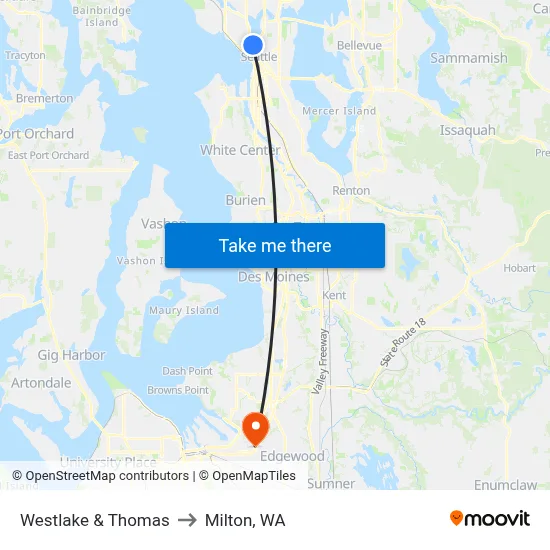 Westlake & Thomas to Milton, WA map