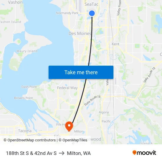 188th St S & 42nd Av S to Milton, WA map