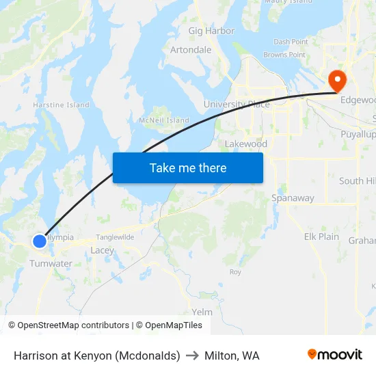 Harrison at Kenyon (Mcdonalds) to Milton, WA map