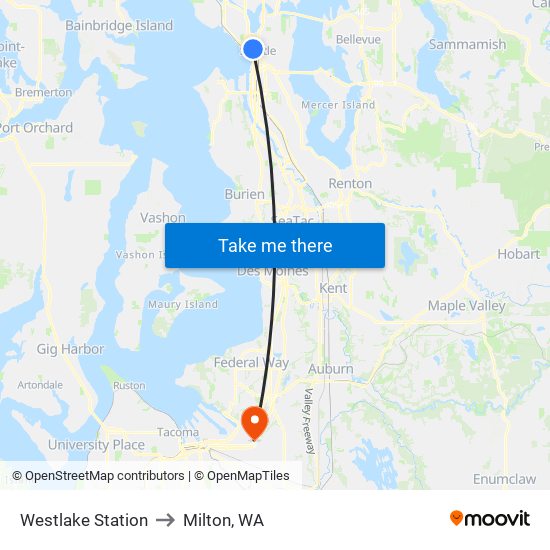 Westlake Station to Milton, WA map