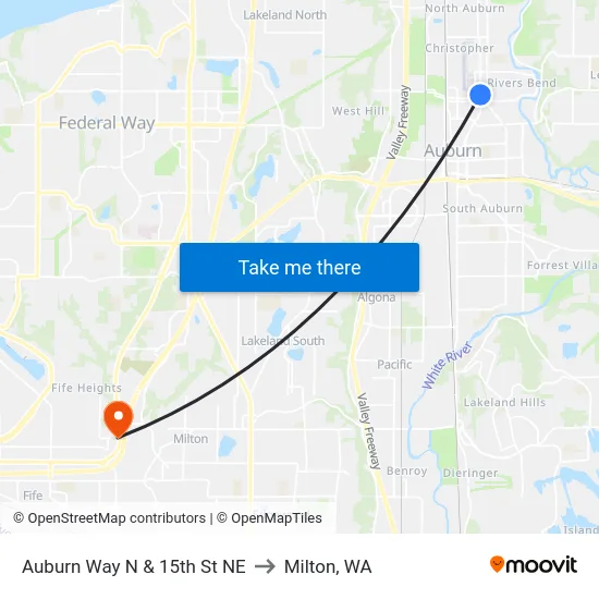 Auburn Way N & 15th St NE to Milton, WA map