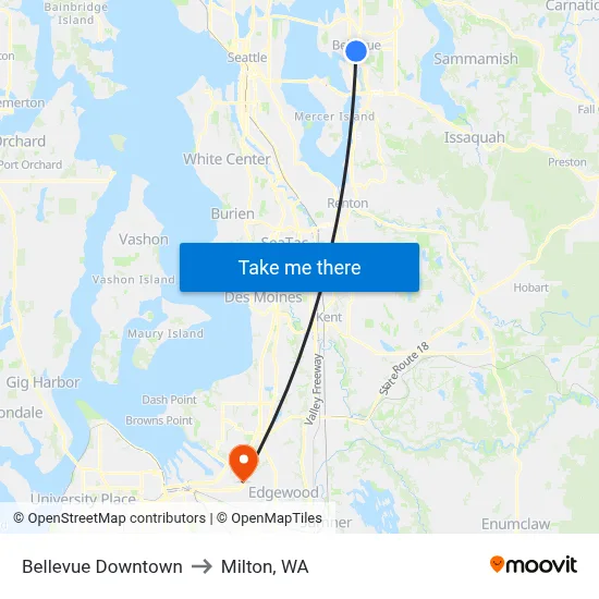 Bellevue Downtown to Milton, WA map