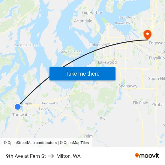 9th Ave at Fern St to Milton, WA map