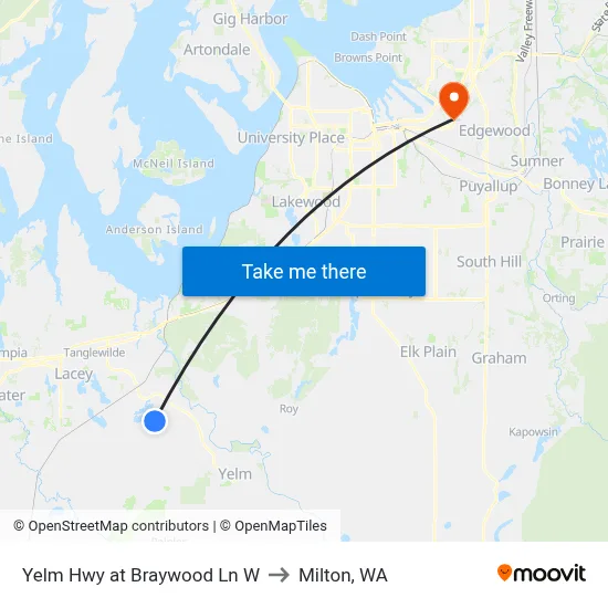 Yelm Hwy at Braywood Ln W to Milton, WA map