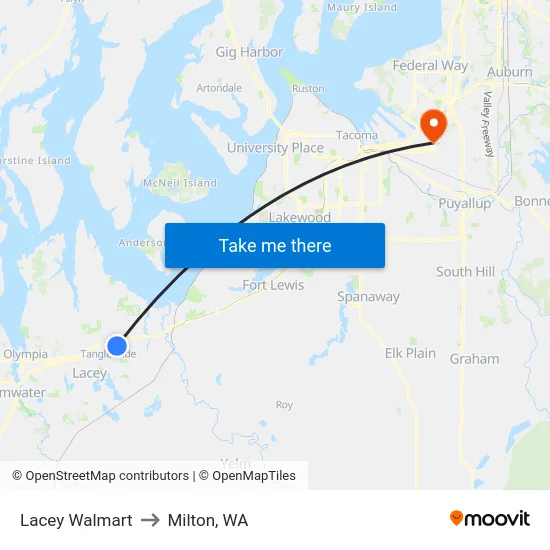 Lacey Walmart to Milton, WA map