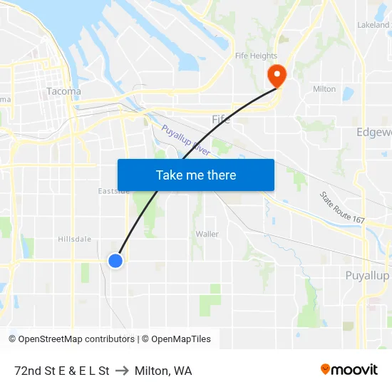 72nd St E & E L St to Milton, WA map