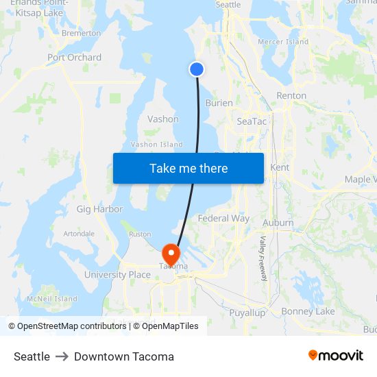 Seattle to Downtown Tacoma map