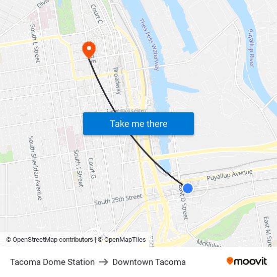 Tacoma Dome Station to Downtown Tacoma map