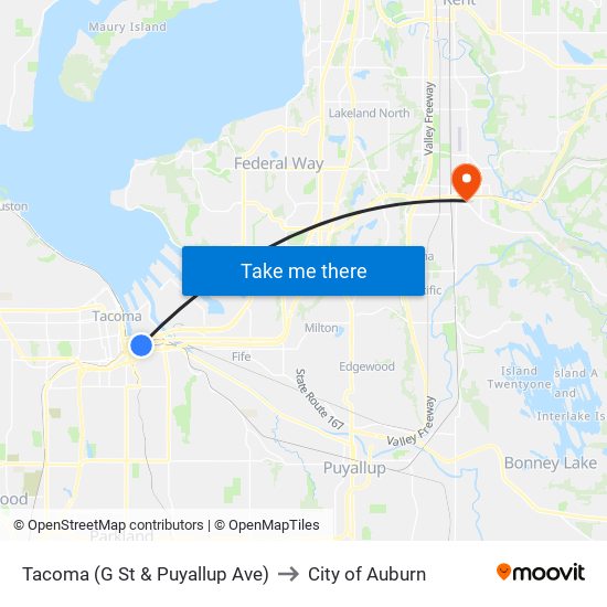 Tacoma (G St & Puyallup Ave) to City of Auburn map
