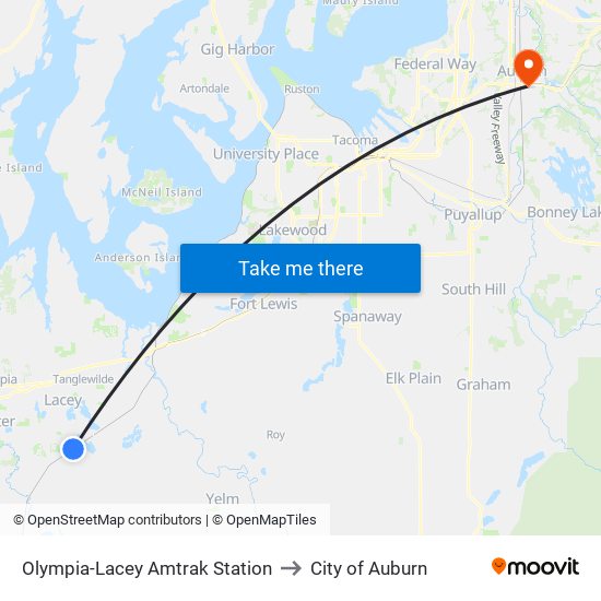 Olympia-Lacey Amtrak Station to City of Auburn map