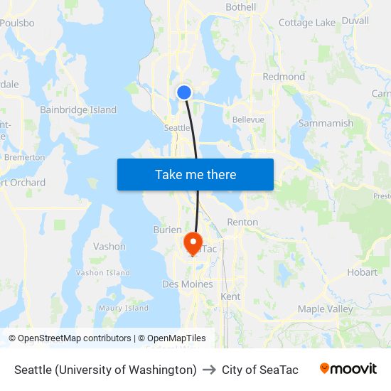 Seattle (University of Washington) to City of SeaTac map