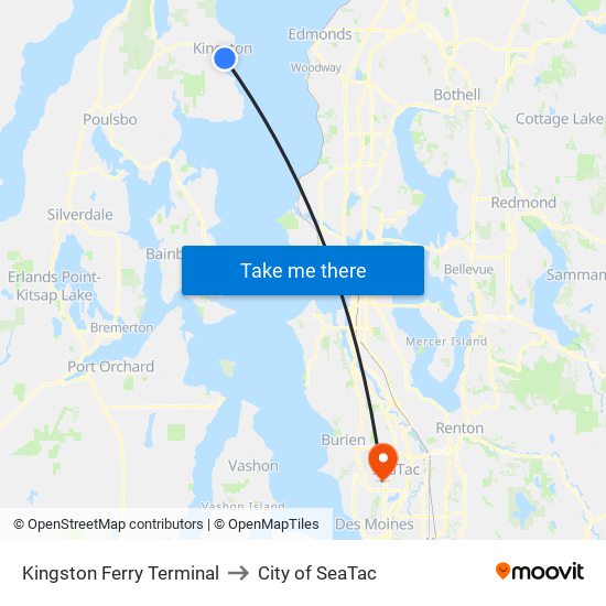 Kingston Ferry Terminal to City of SeaTac map