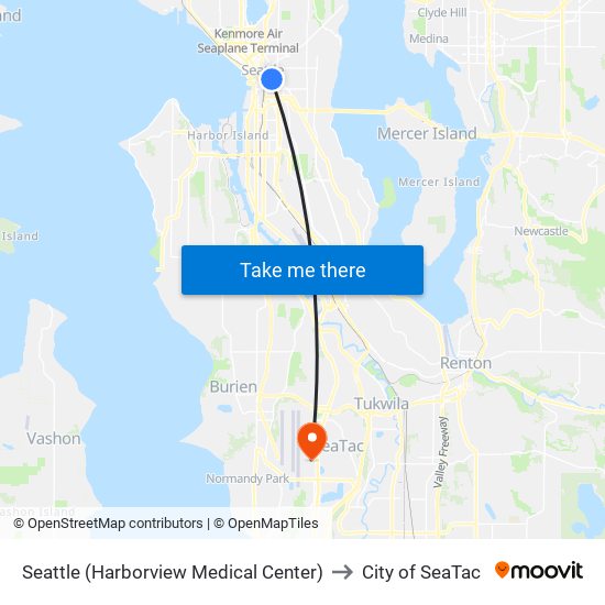 Seattle (Harborview Medical Center) to City of SeaTac map