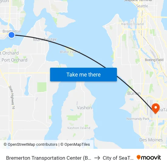 Bremerton Transportation Center (BTC) to City of SeaTac map