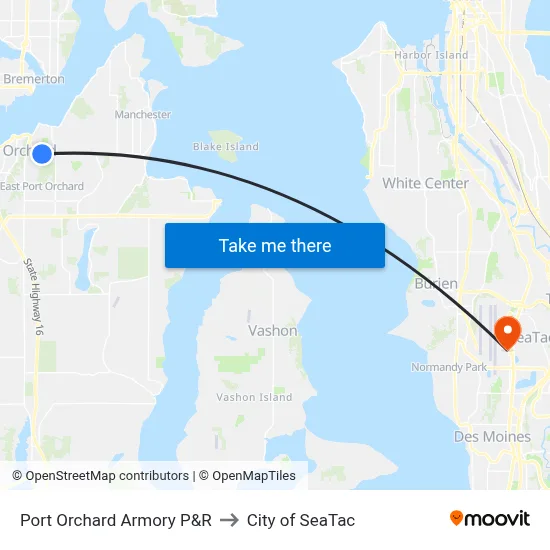 Port Orchard Armory P&R to City of SeaTac map