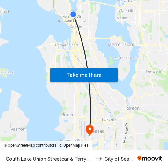 South Lake Union Streetcar & Terry Ave N to City of SeaTac map