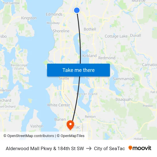 Alderwood Mall Pkwy & 184th St SW to City of SeaTac map