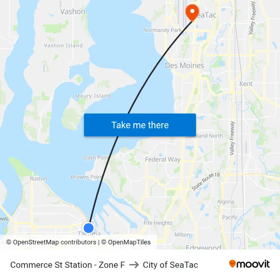 Commerce St Station - Zone F to City of SeaTac map