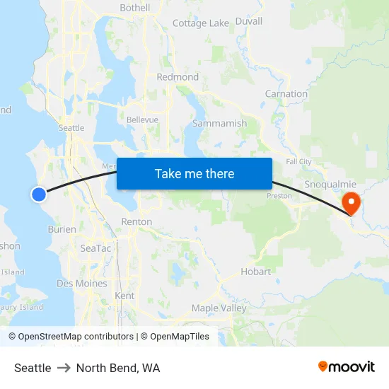 Seattle to North Bend, WA map