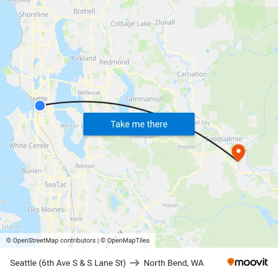Seattle (6th Ave S & S Lane St) to North Bend, WA map