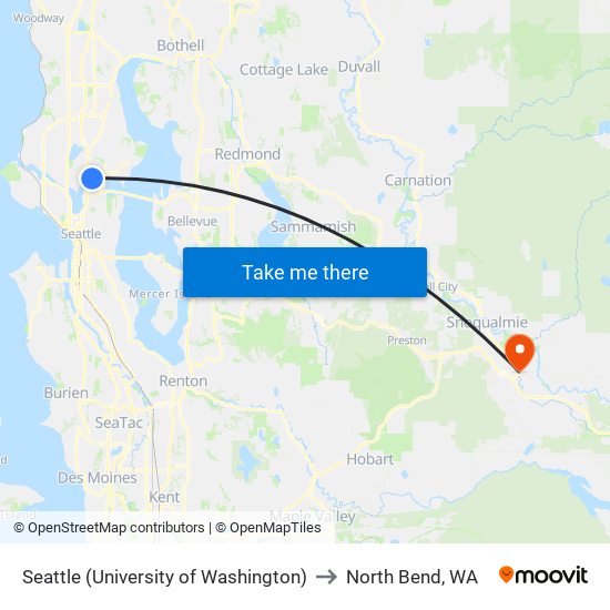 Seattle (University of Washington) to North Bend, WA map