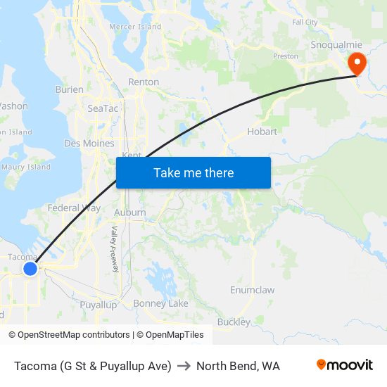 Tacoma (G St & Puyallup Ave) to North Bend, WA map