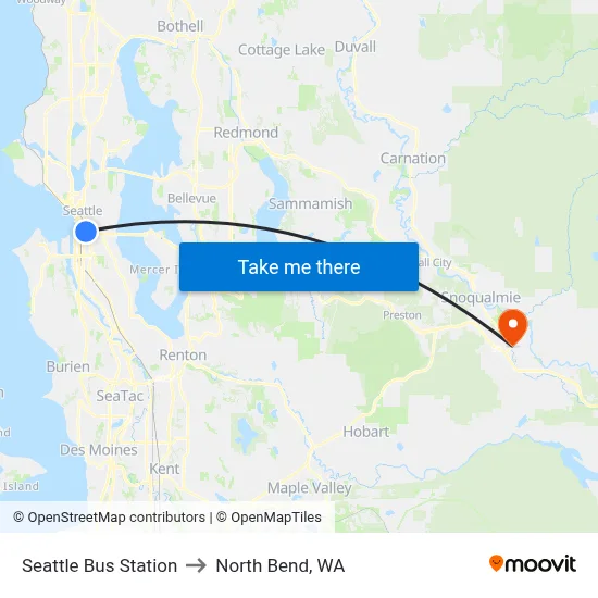 Seattle Bus Station to North Bend, WA map