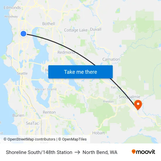 Shoreline South/148th Station to North Bend, WA map