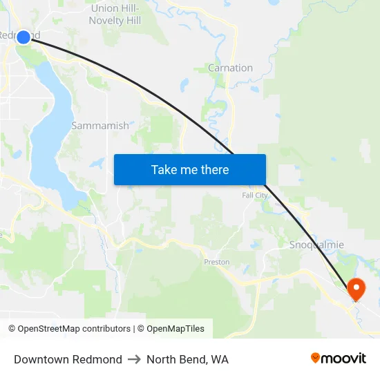Downtown Redmond to North Bend, WA map