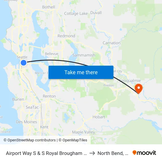 Airport Way S & S Royal Brougham Way to North Bend, WA map