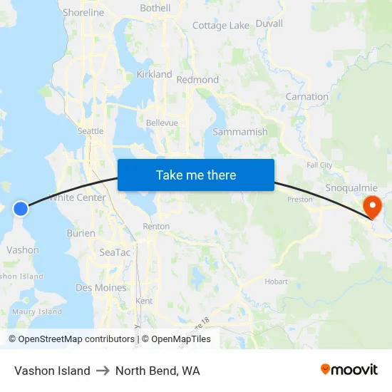 Vashon Island to North Bend, WA map
