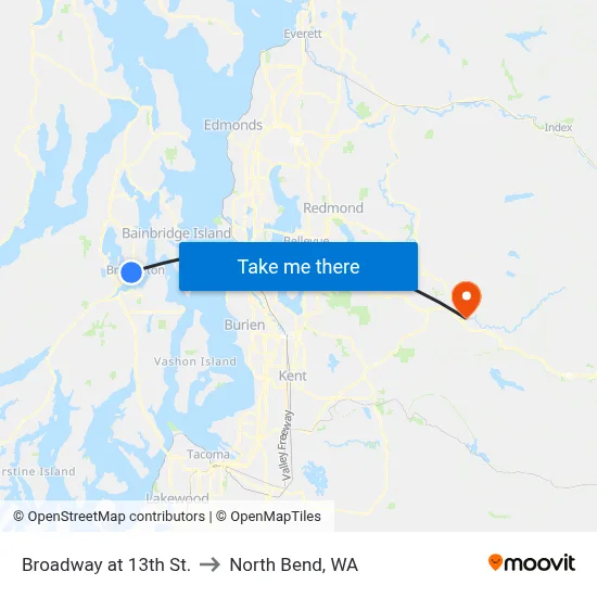 Broadway at 13th St. to North Bend, WA map
