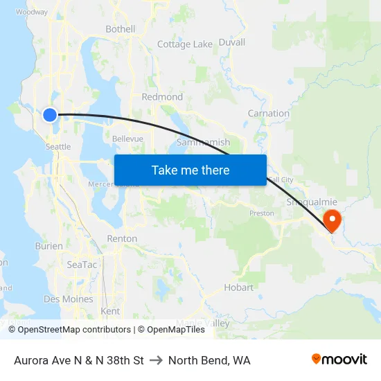 Aurora Ave N & N 38th St to North Bend, WA map
