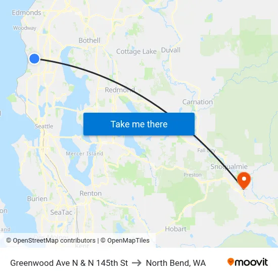 Greenwood Ave N & N 145th St to North Bend, WA map