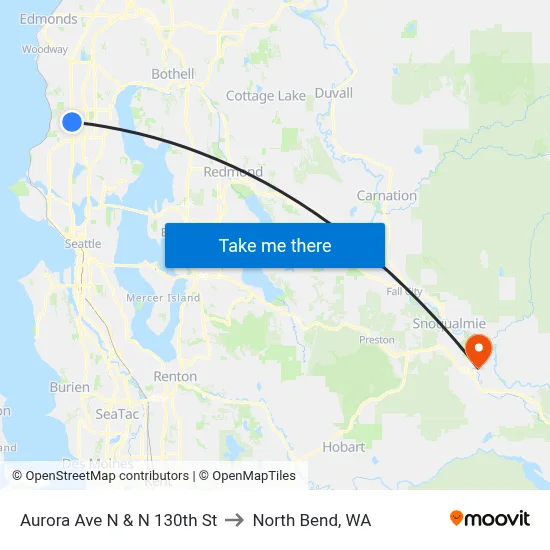 Aurora Ave N & N 130th St to North Bend, WA map
