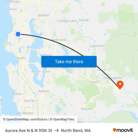 Aurora Ave N & N 95th St to North Bend, WA map