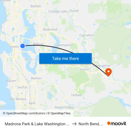 Madrona Park & Lake Washington Blvd to North Bend, WA map