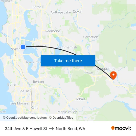 34th Ave & E Howell St to North Bend, WA map