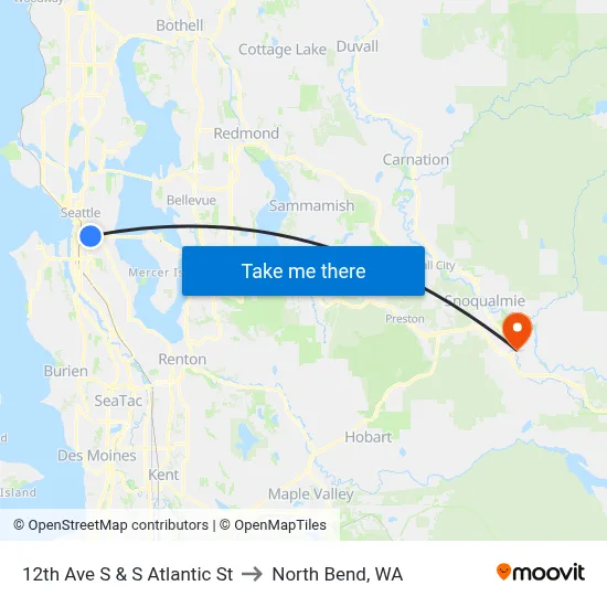 12th Ave S & S Atlantic St to North Bend, WA map
