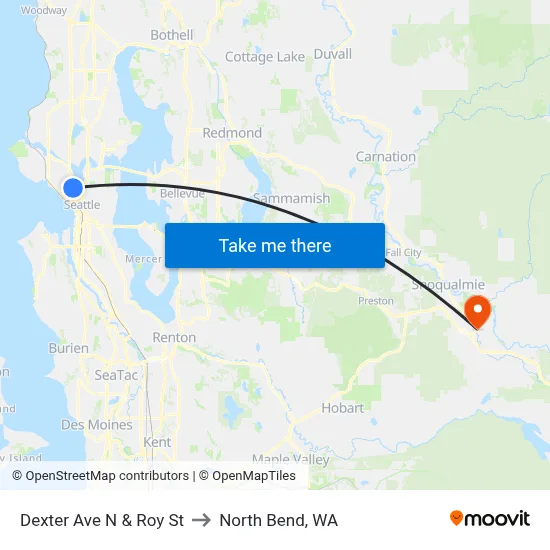 Dexter Ave N & Roy St to North Bend, WA map