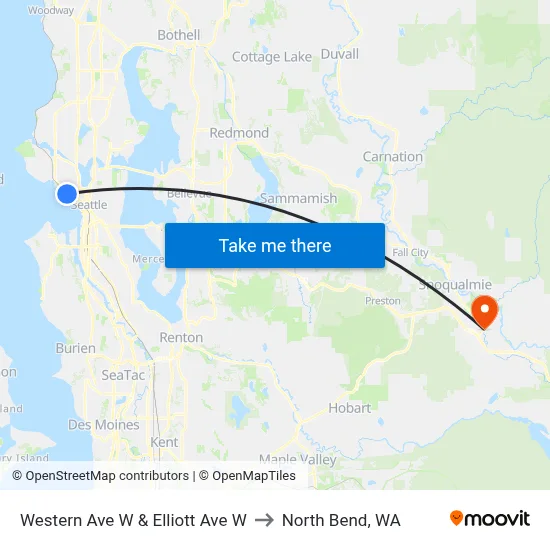 Western Ave W & Elliott Ave W to North Bend, WA map