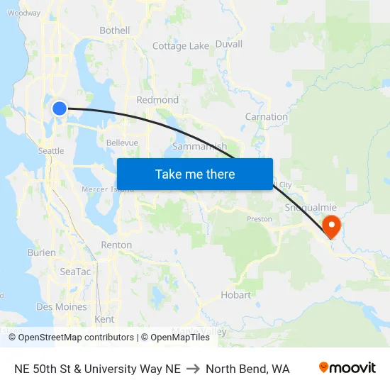NE 50th St & University Way NE to North Bend, WA map