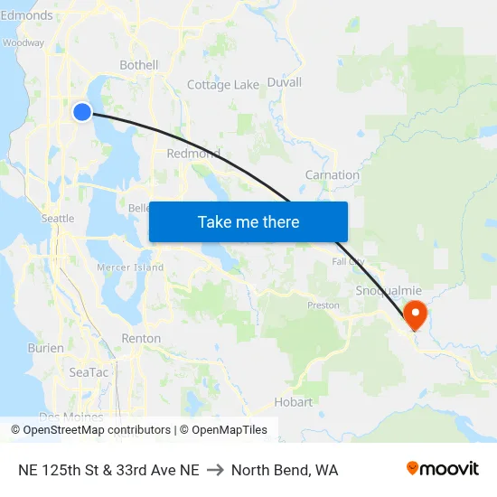NE 125th St & 33rd Ave NE to North Bend, WA map