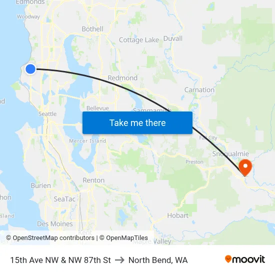 15th Ave NW & NW 87th St to North Bend, WA map