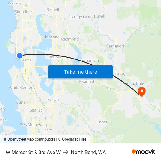 W Mercer St & 3rd Ave W to North Bend, WA map